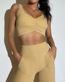 Women Ruched Bra Pocket Gym Active Wear Yoga Two-piece Sets S-L