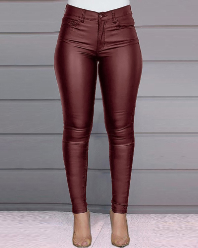 Sexy Slim Women Solid Color PU Pants Black Blue Wine Red S-3XL