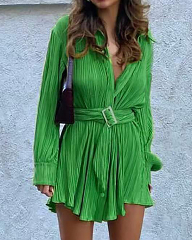 Women Lapel Long Sleeve Solid Color Ruched Fashion Shirt Mini Dresses Black Orange Green Rosy Beige S-3XL