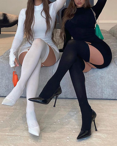 Women Long Sleeve Solid Color High Neck Skirt Sets Two Pieces Outfit Black White S-XL (With Stockings)