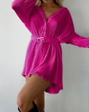 Women Lapel Long Sleeve Solid Color Ruched Fashion Shirt Mini Dresses Black Orange Green Rosy Beige S-3XL