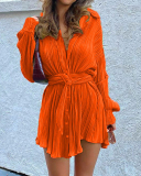 Women Lapel Long Sleeve Solid Color Ruched Fashion Shirt Mini Dresses Black Orange Green Rosy Beige S-3XL