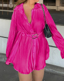 Women Lapel Long Sleeve Solid Color Ruched Fashion Shirt Mini Dresses Black Orange Green Rosy Beige S-3XL
