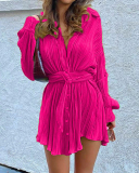 Women Lapel Long Sleeve Solid Color Ruched Fashion Shirt Mini Dresses Black Orange Green Rosy Beige S-3XL