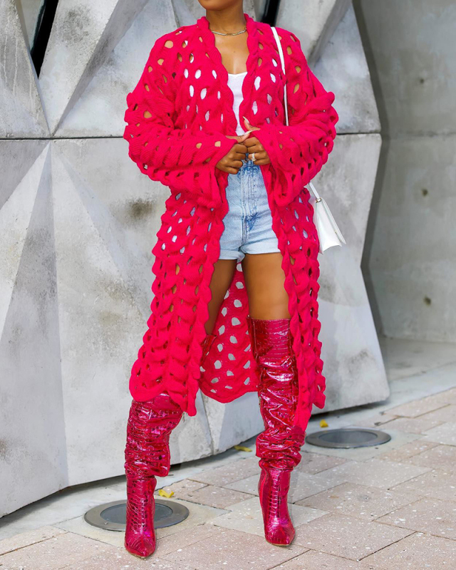 Women Long Sleeve Hollow Out Solid Color Cardigans Black Army Green Red Pink One Size