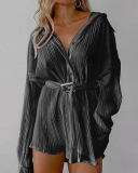 Women Lapel Long Sleeve Solid Color Ruched Fashion Shirt Mini Dresses Black Orange Green Rosy Beige S-3XL