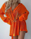 Women Lapel Long Sleeve Solid Color Ruched Fashion Shirt Mini Dresses Black Orange Green Rosy Beige S-3XL