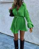 Women Lapel Long Sleeve Solid Color Ruched Fashion Shirt Mini Dresses Black Orange Green Rosy Beige S-3XL