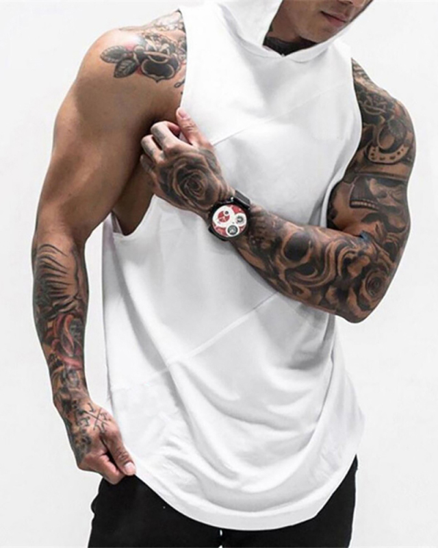Men's Solid Color Three Patchwork Hooded Sports Vest M-XXL