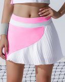 Women Colorblock High Waist Ruched Tennis Breathable Golf Skirt Green Blue Orange Pink S-XL