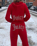 Hot Sale Velvet Shining Pritned Hoodies Coat  Wide Leg Pants Two Pieces Outfit S-XL