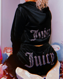 Hot Sale Velvet Shining Pritned Hoodies Coat  Wide Leg Pants Two Pieces Outfit S-XL