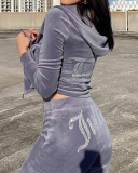 Hot Sale Velvet Shining Pritned Hoodies Coat  Wide Leg Pants Two Pieces Outfit S-XL
