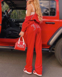 Hot Sale Velvet Shining Pritned Hoodies Coat  Wide Leg Pants Two Pieces Outfit S-XL