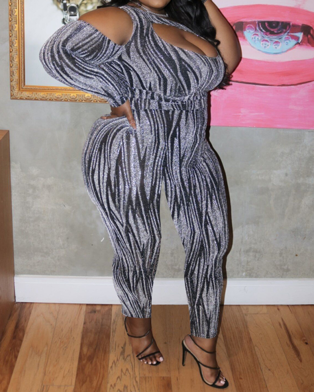 Sexy One Sleeve Slash Neck Hollow Out Slim Plus Size Jumpsuit White Pink Green XL-5XL