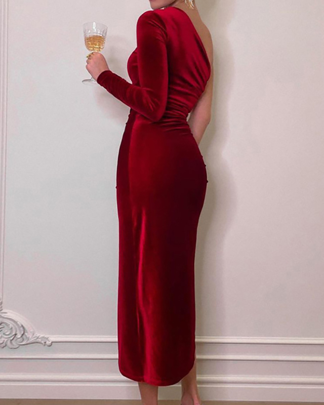 Long Sleeve Single Shoulder Women Party Evening Dress