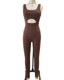 Women V Back Hollow Out Slim Yoga Jumpsuit Black Coffee Gray 4-10