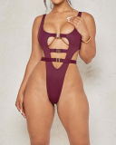 Sexy Strappy Hollow Out High Cut One-piece Swimsuit Purple Green Coffee S-XL