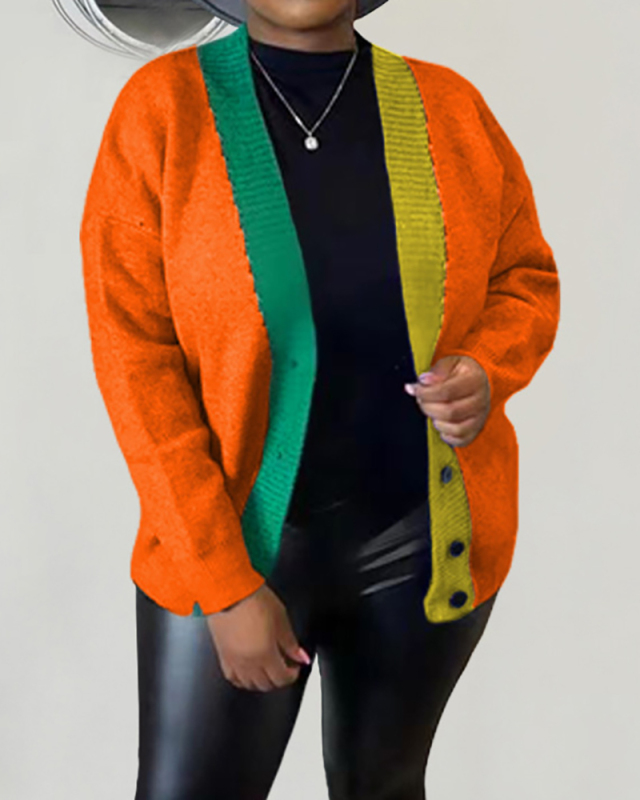 New Hot Sale Colorblock Long Sleeve Cardigans Black Orange Green Gray Red S-2XL