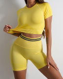Popular Ruched Outside Sports Short Sleeve Shorts Yoga Two-piece Sets S-L