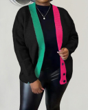 New Hot Sale Colorblock Long Sleeve Cardigans Black Orange Green Gray Red S-2XL