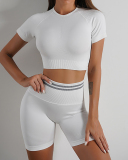 Popular Ruched Outside Sports Short Sleeve Shorts Yoga Two-piece Sets S-L