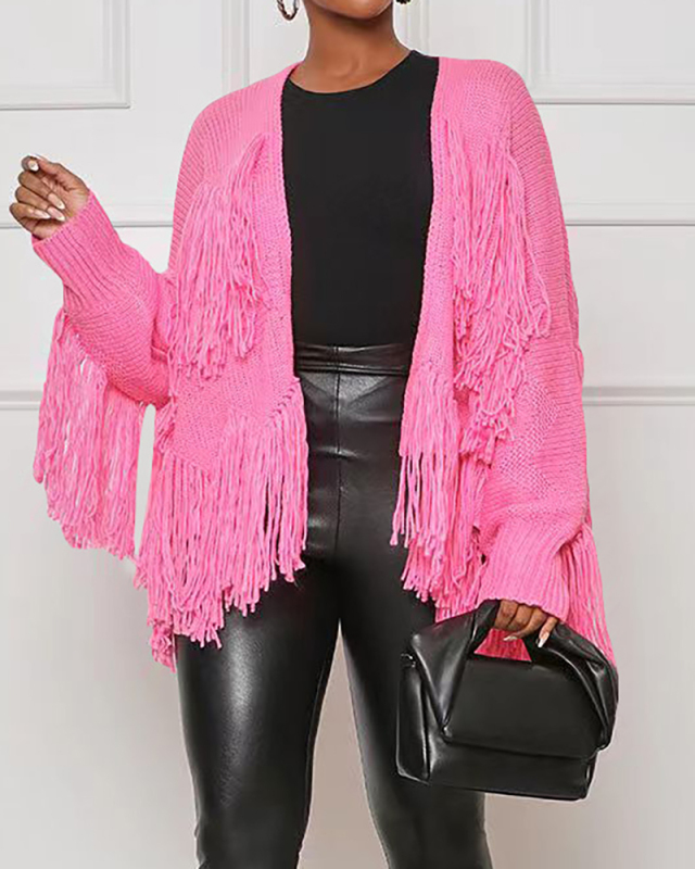 Women Tassel Fashion Long Sleeve Knit Cardigans Black Orange Pink Green Yellow S-2XL