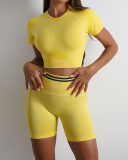 Popular Ruched Outside Sports Short Sleeve Shorts Yoga Two-piece Sets S-L