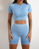 Popular Ruched Outside Sports Short Sleeve Shorts Yoga Two-piece Sets S-L