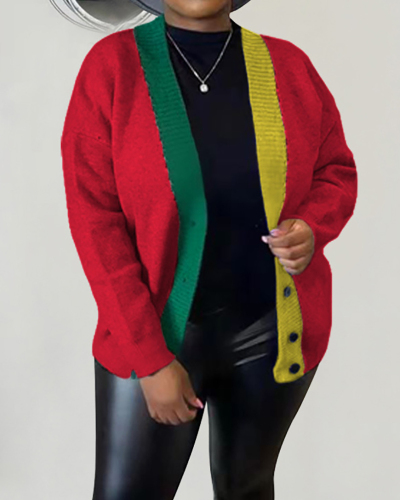 New Hot Sale Colorblock Long Sleeve Cardigans Black Orange Green Gray Red S-2XL