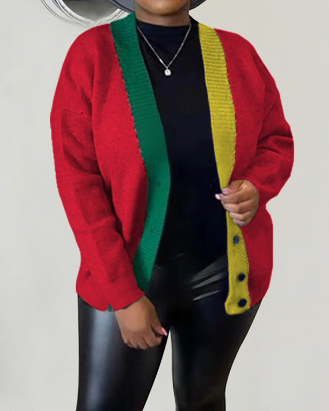 New Hot Sale Colorblock Long Sleeve Cardigans Black Orange Green Gray Red S-2XL