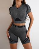 Popular Ruched Outside Sports Short Sleeve Shorts Yoga Two-piece Sets S-L