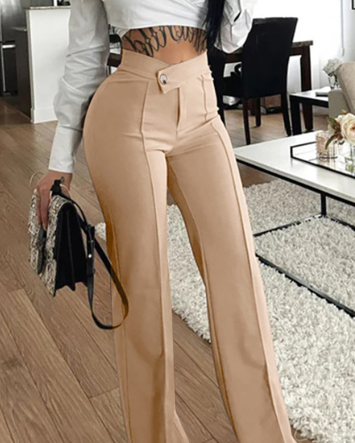 Elegant Women High Wasit Wide Leg Suit Pants Khaki Black Brown Red S-XL