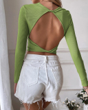 Long Sleeve Open Back Solid Color T Shirt S-XL