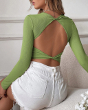 Long Sleeve Open Back Solid Color T Shirt S-XL