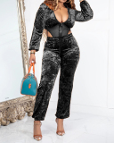 Women Sexy Hot Sale Long Sleeve Hollow Out Velvet Casual Patchwork Pants Sets Two Pieces Outfit Blue Gray Black Orange S-2XL