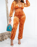 Women Sexy Hot Sale Long Sleeve Hollow Out Velvet Casual Patchwork Pants Sets Two Pieces Outfit Blue Gray Black Orange S-2XL