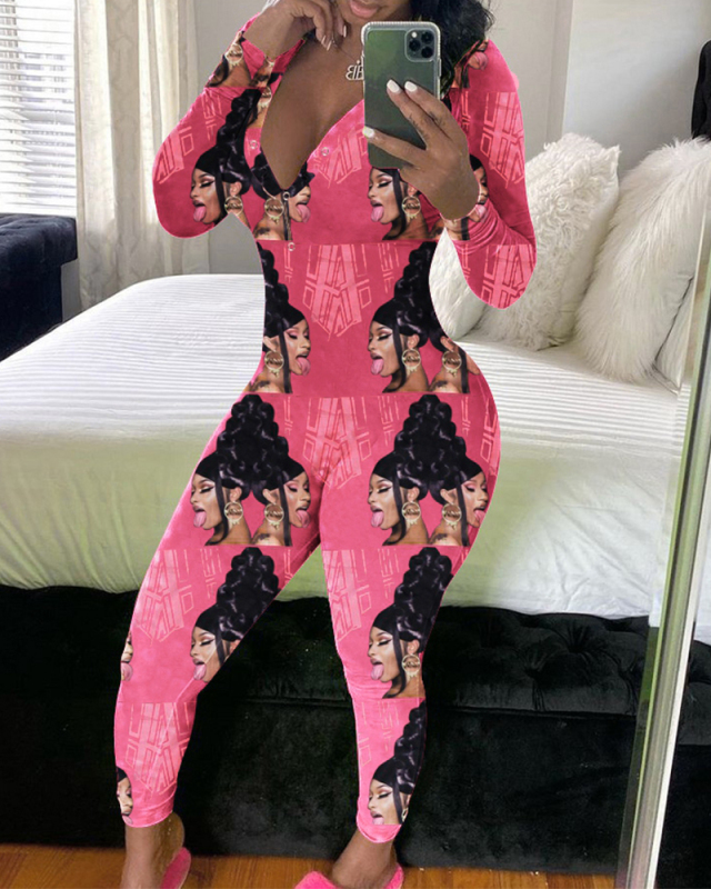 Women Casual Printed Long Sleeve House Wear Onesie S-2XL