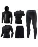 Men's Quick Dry Training Tops Leggings Sport Suit 5 Piece Sets Black S-3XL