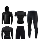 Men's Quick Dry Training Tops Leggings Sport Suit 5 Piece Sets Black S-3XL
