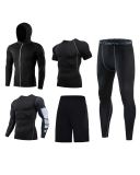 Men's Quick Dry Training Tops Leggings Sport Suit 5 Piece Sets Black S-3XL