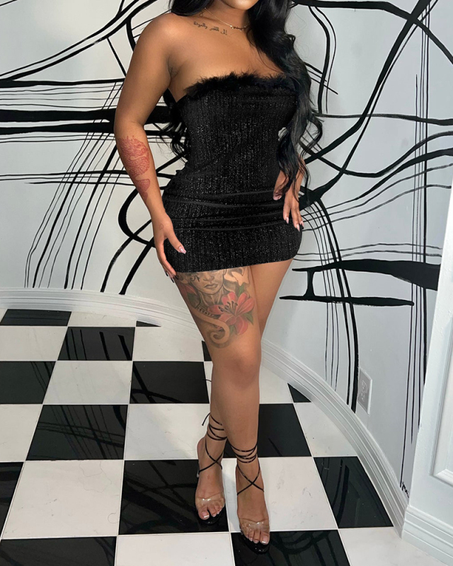 Women Velvet Fur Strapless Sexy Bodycon Mini Dresses Party Dresses Club Dress Black Wine Red S-2XL