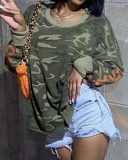 Women Hot Style Crew Neck Long Sleeve Popular Camo Pullover Top Camo S-L