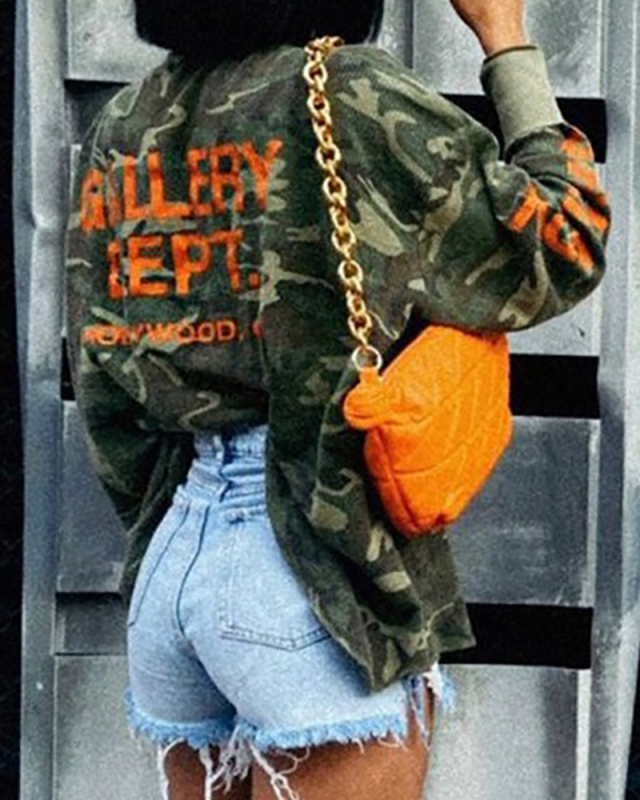 Women Hot Style Crew Neck Long Sleeve Popular Camo Pullover Top Camo S-L