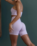Women SolId Color Slash Straps Bra Side Patch Pockets Ruched Hips Shorts Sports Sets Black Ivory Purple Blue 4-10