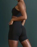 Women SolId Color Slash Straps Bra Side Patch Pockets Ruched Hips Shorts Sports Sets Black Ivory Purple Blue 4-10