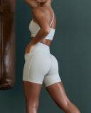 Women SolId Color Slash Straps Bra Side Patch Pockets Ruched Hips Shorts Sports Sets Black Ivory Purple Blue 4-10