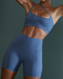 Women SolId Color Slash Straps Bra Side Patch Pockets Ruched Hips Shorts Sports Sets Black Ivory Purple Blue 4-10