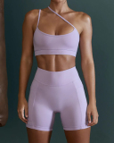 Women SolId Color Slash Straps Bra Side Patch Pockets Ruched Hips Shorts Sports Sets Black Ivory Purple Blue 4-10