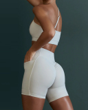 Women SolId Color Slash Straps Bra Side Patch Pockets Ruched Hips Shorts Sports Sets Black Ivory Purple Blue 4-10